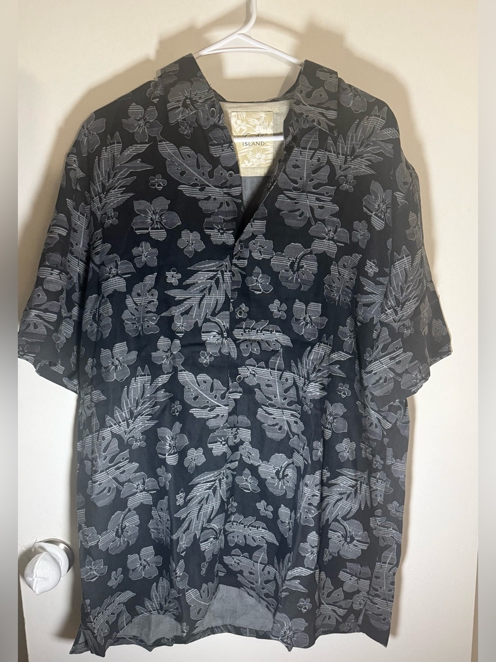 Tasso Elba Island Men's Black Gray Floral Tropical Silk Linen Button Up Size XL